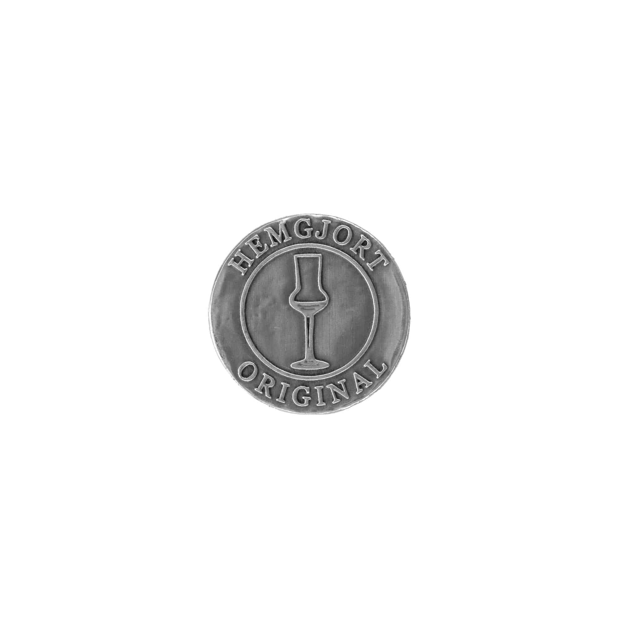 Tinetiket 'Hemgjort Original', rund, metal, sølv