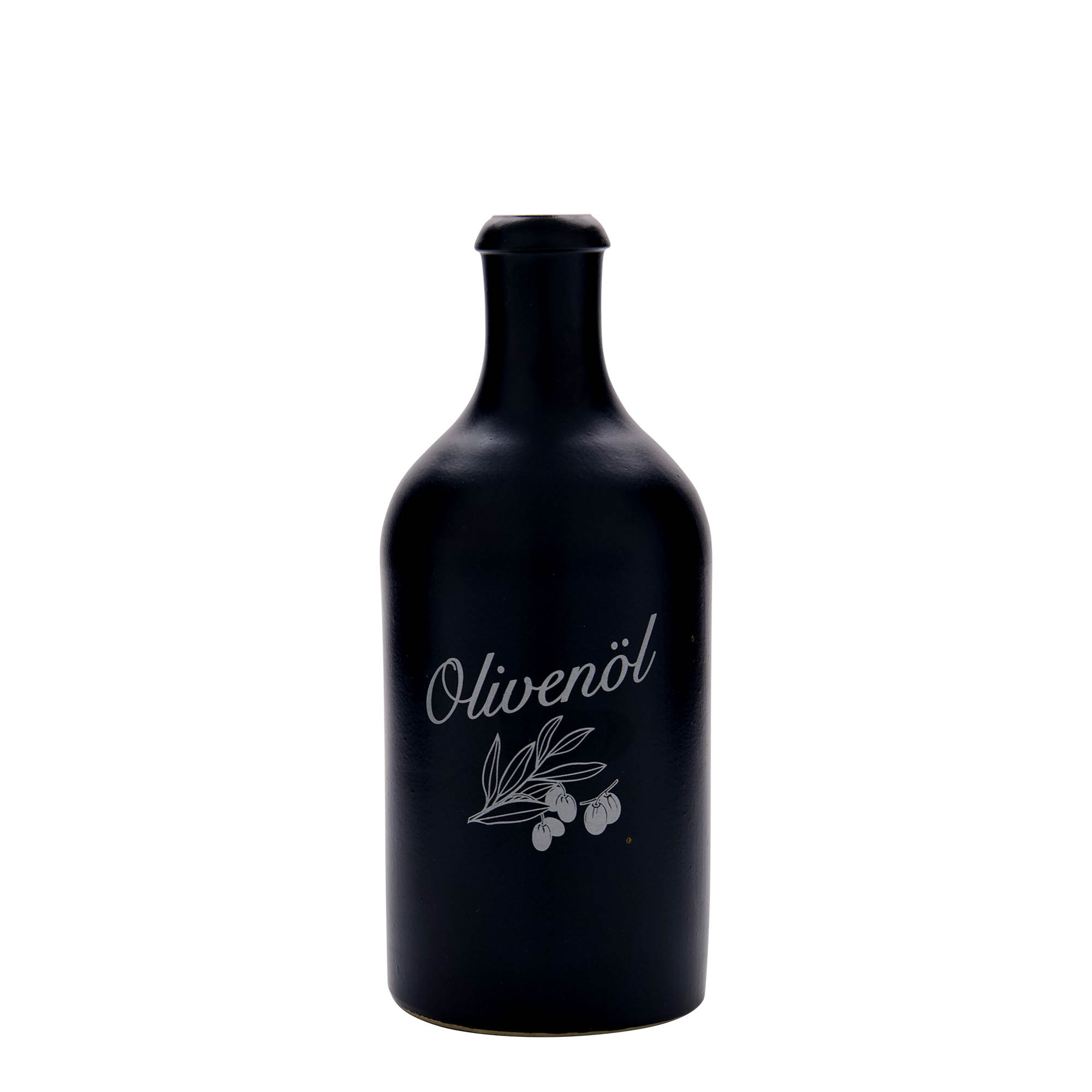 500 ml tonkrukke, motiv: olivenolie, stentøj, sort, åbning: kork 500 ml tonkrukke, motiv: olivenolie, stentøj, sort, åbning: kork