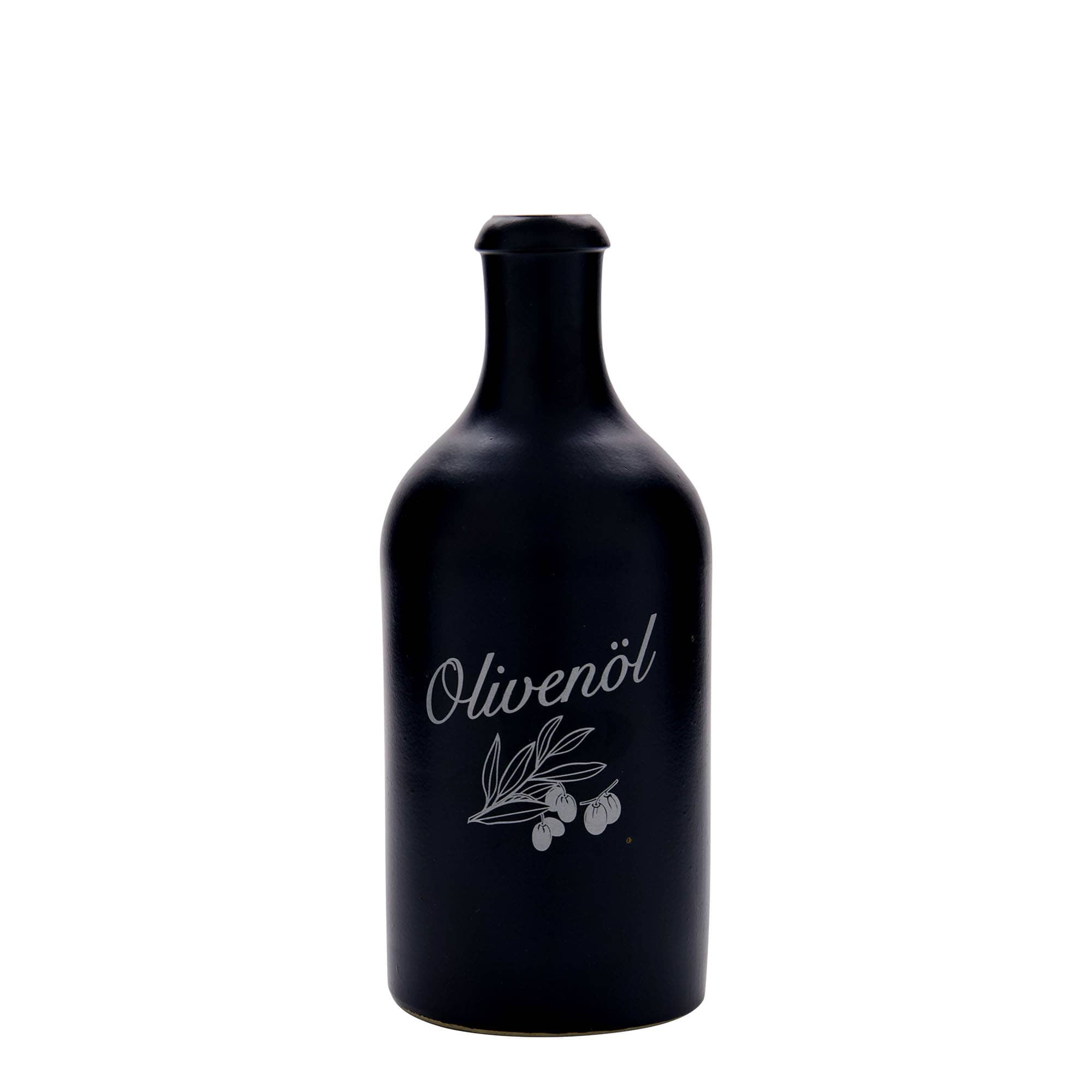 500 ml tonkrukke, motiv: olivenolie, stentøj, sort, åbning: kork