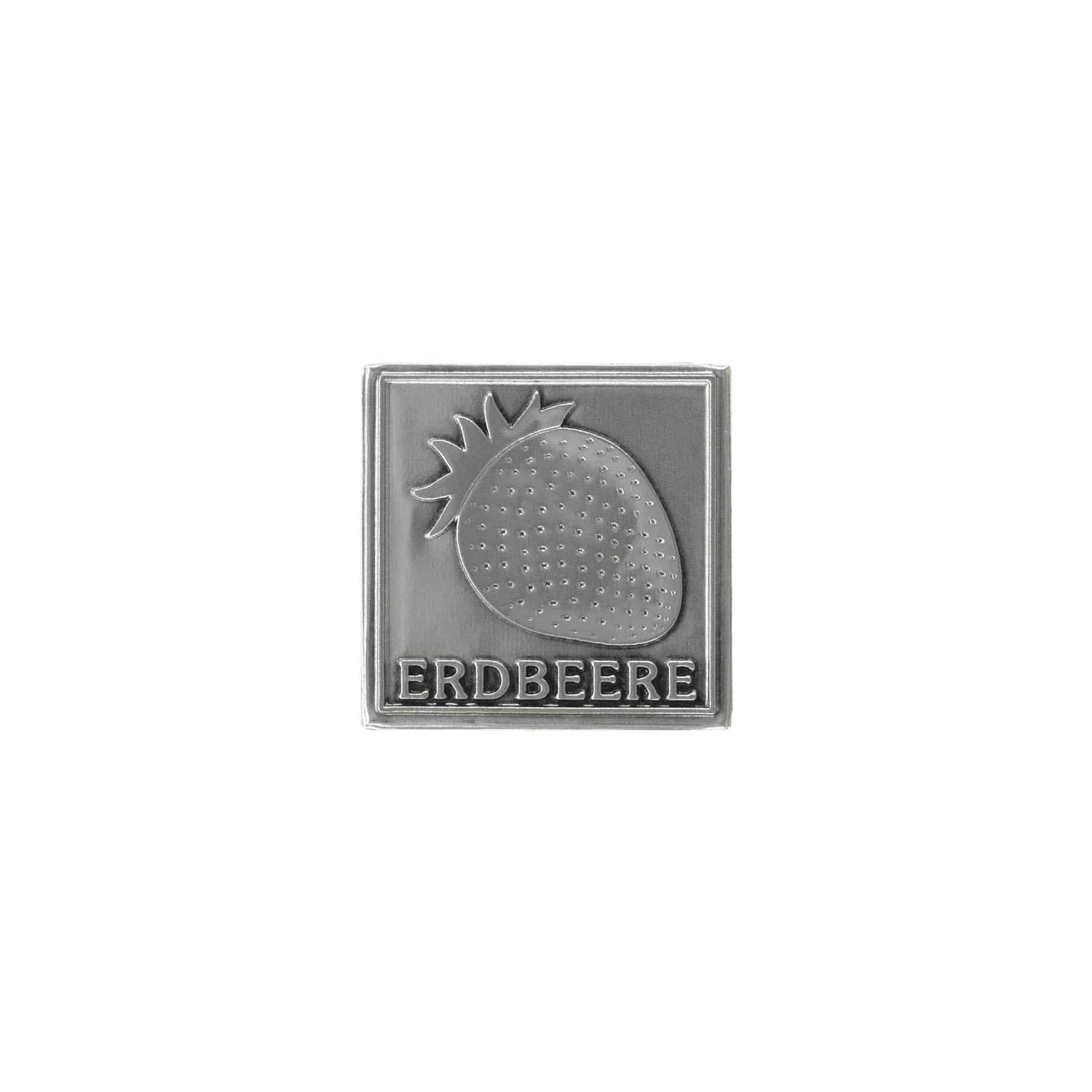 Tinetiket 'Jordbær', kvadratisk, metal, sølv Tinetiket 'Jordbær', kvadratisk, metal, sølv