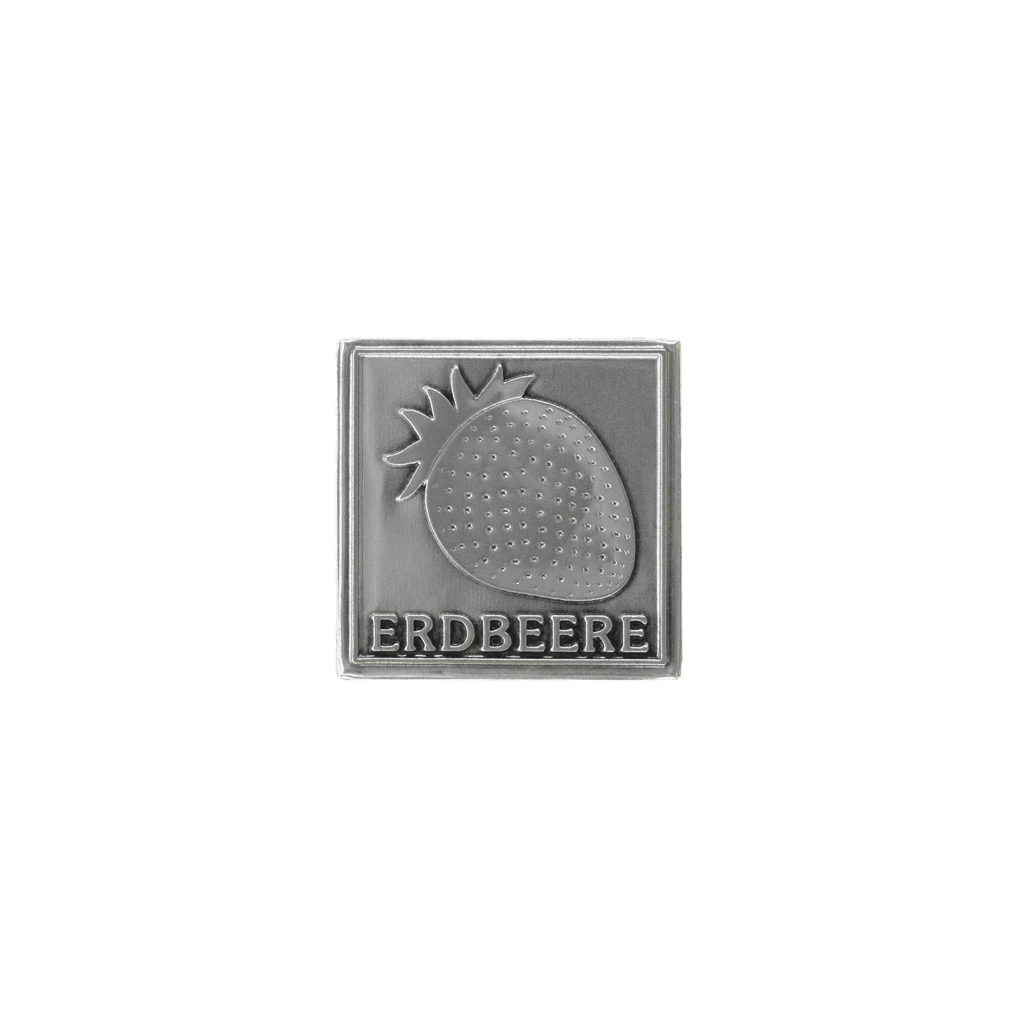 Tinlabel 'Jordbær', firkantet, metal, sølv