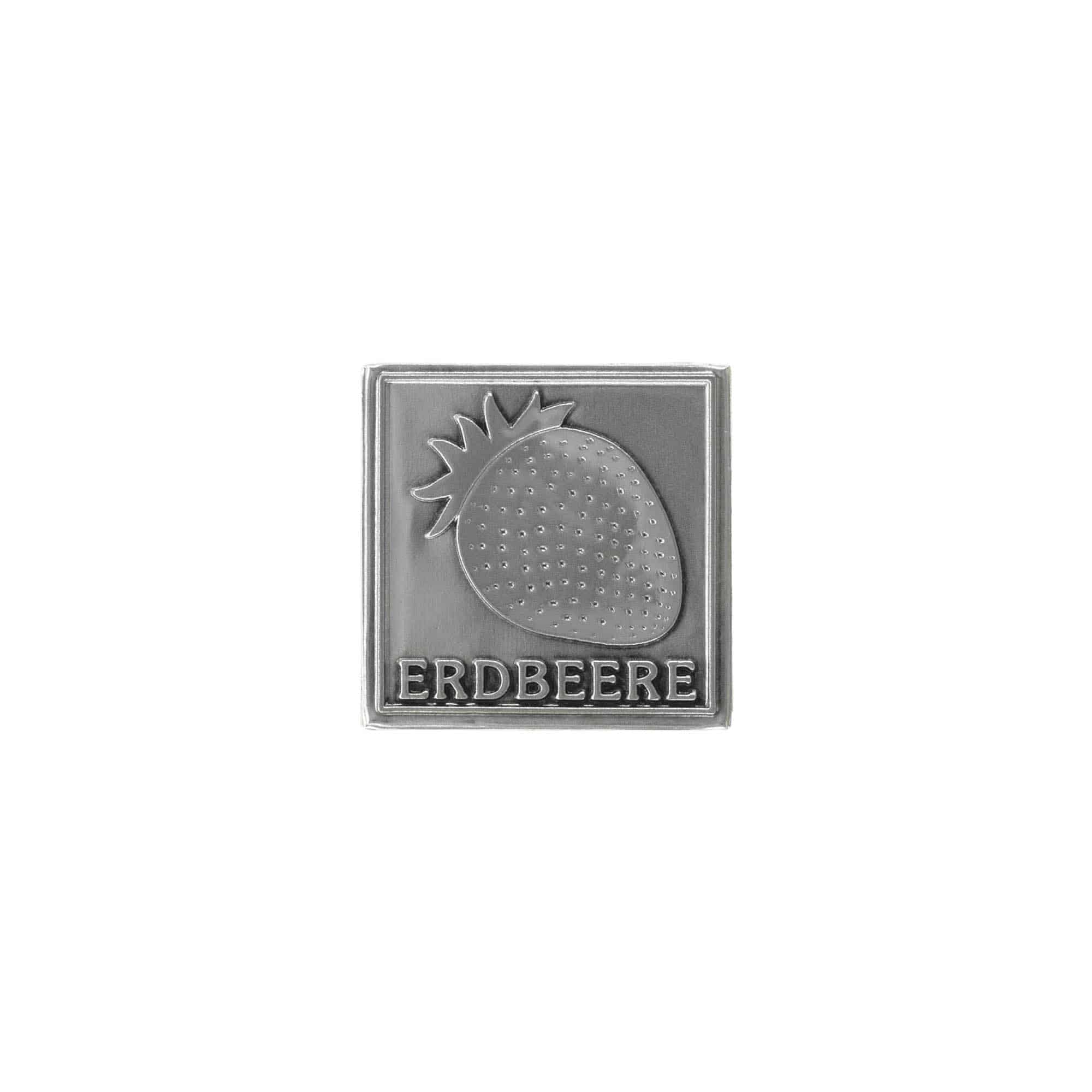Tinlabel 'Jordbær', firkantet, metal, sølv