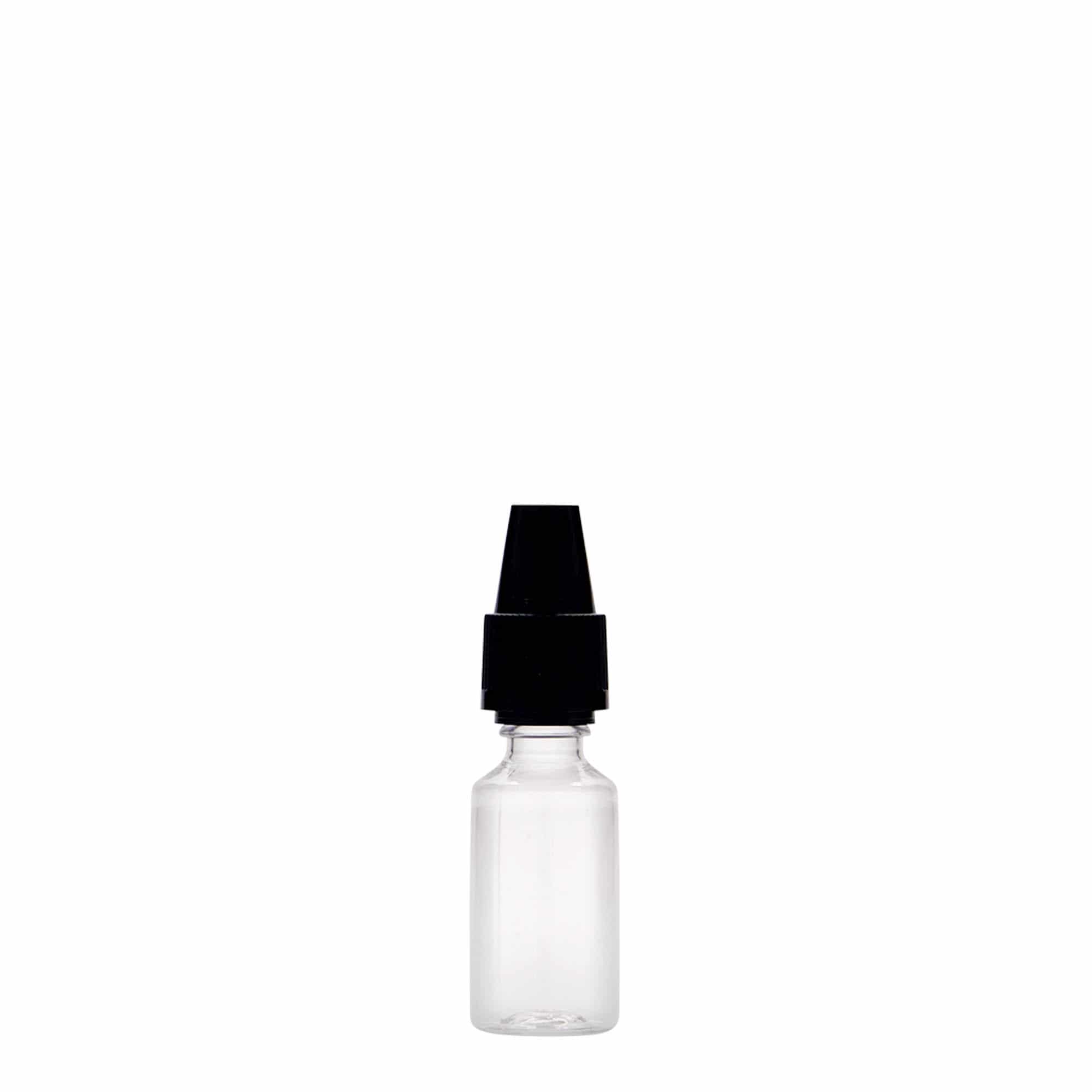 10 ml PET-flaske 'E-Liquid' med kvalitets- og børnesikring, plast, åbning: Skruelåg