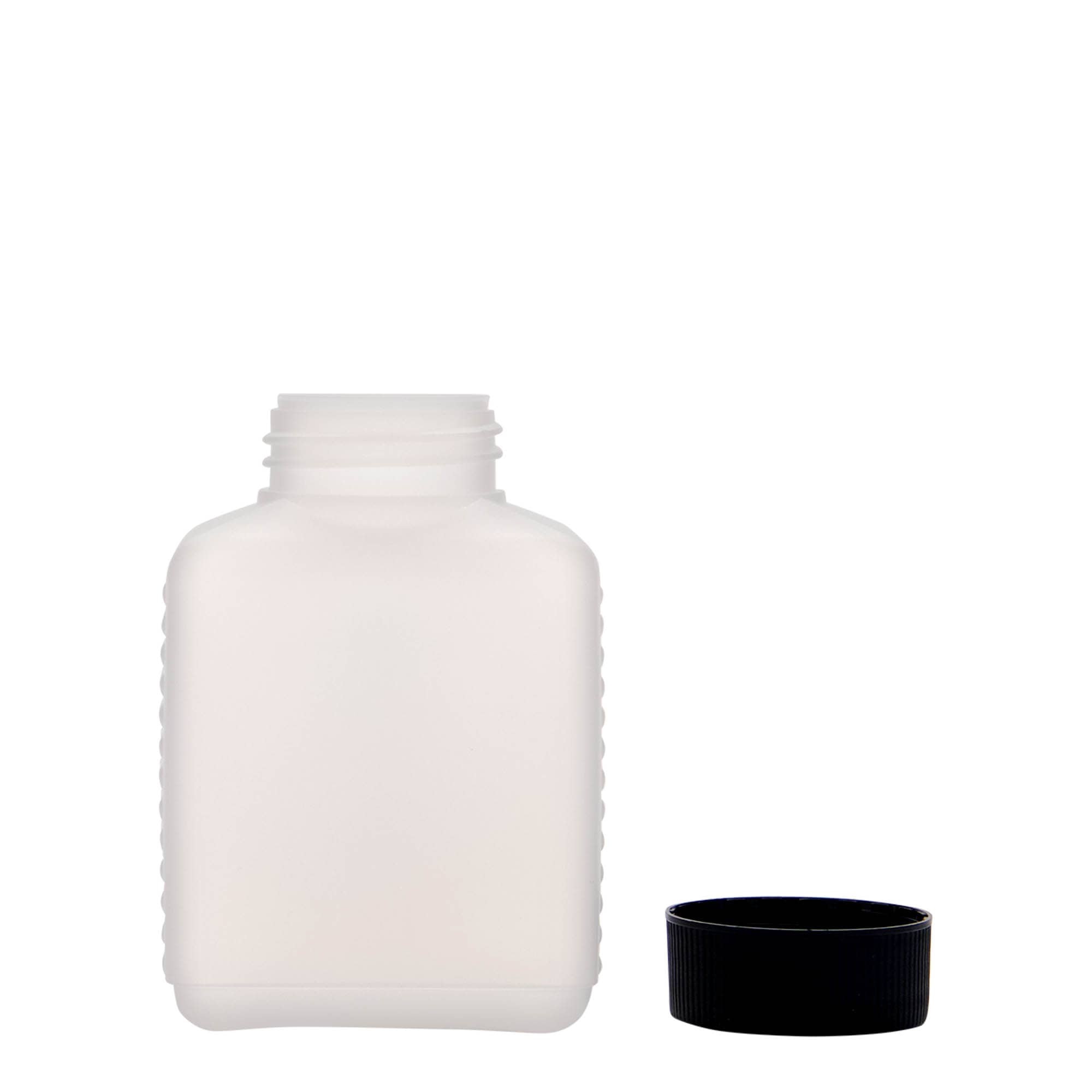 250 ml bredhalsflaske, rektangulær, HDPE-plast, natur, åbning: DIN 40 EPE
