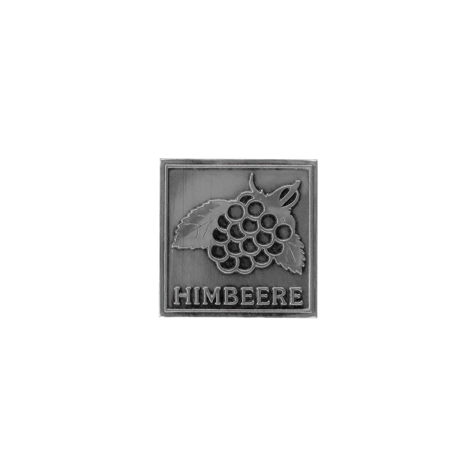 Tinetiket 'Hindbær', kvadratisk, metal, sølv