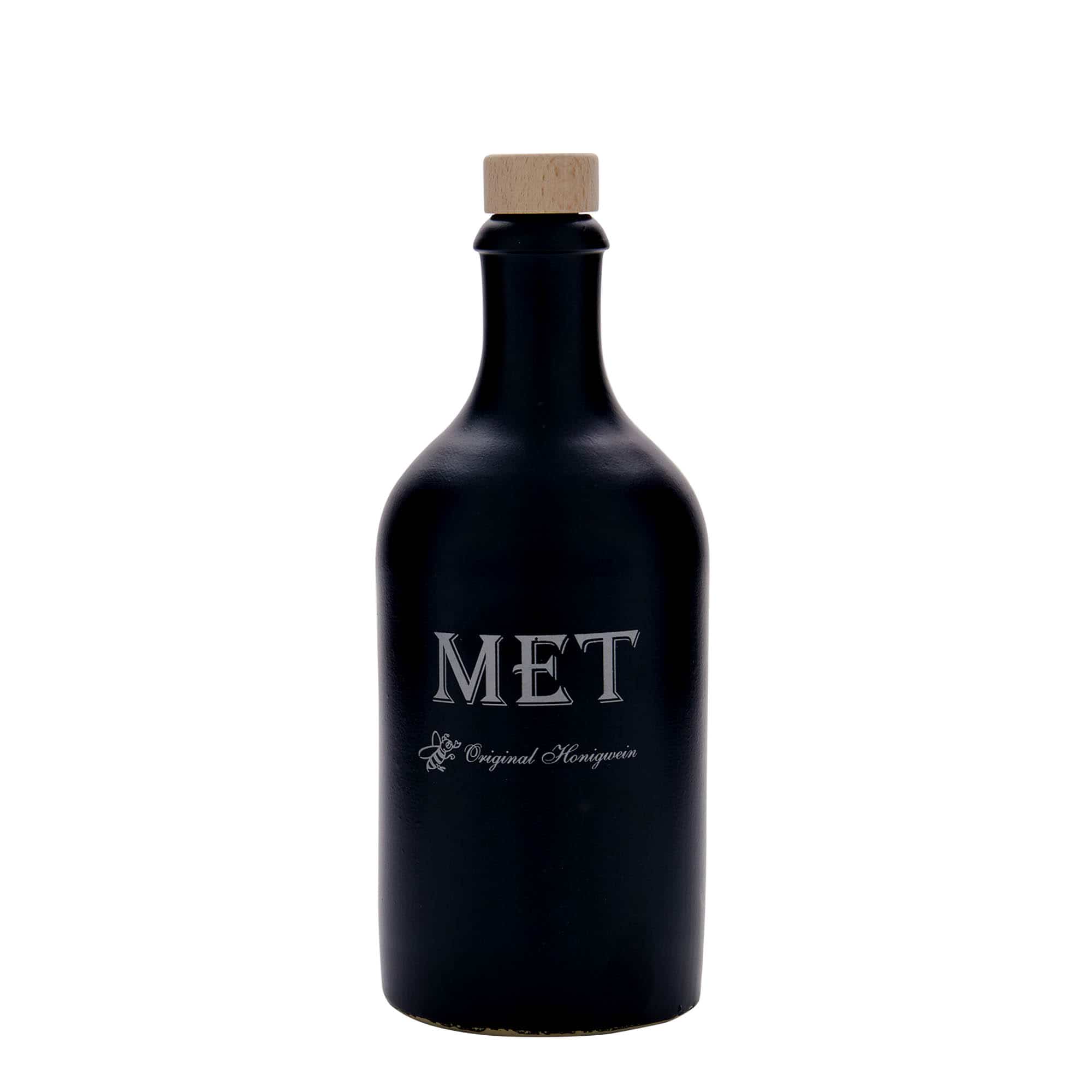 500 ml lerkrus, motiv: Mjød, stentøj, sort, åbning: Kork