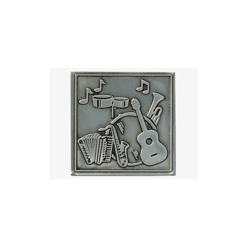 Tinlabel 'Musik', kvadratisk, metal, sølv Tinlabel 'Musik', kvadratisk, metal, sølv