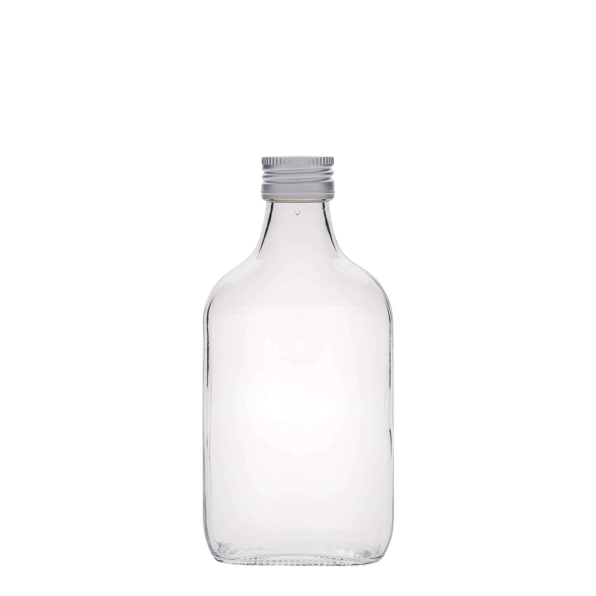 200 ml lommeflaske, rektangulær, glas, åbning: PP 28