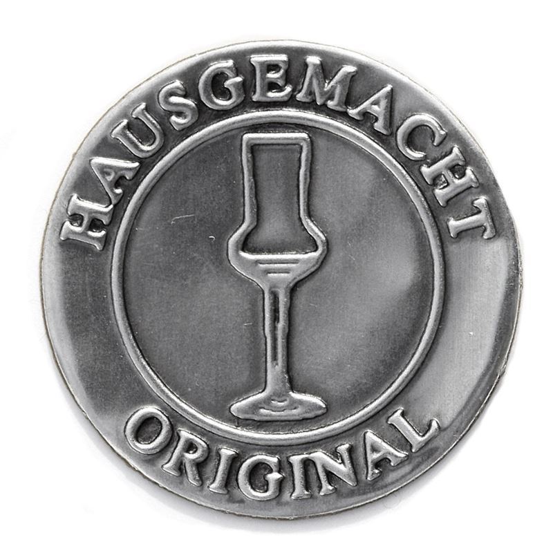 Tinlabel 'Original Hjemmelavet', rund, metal, sølv