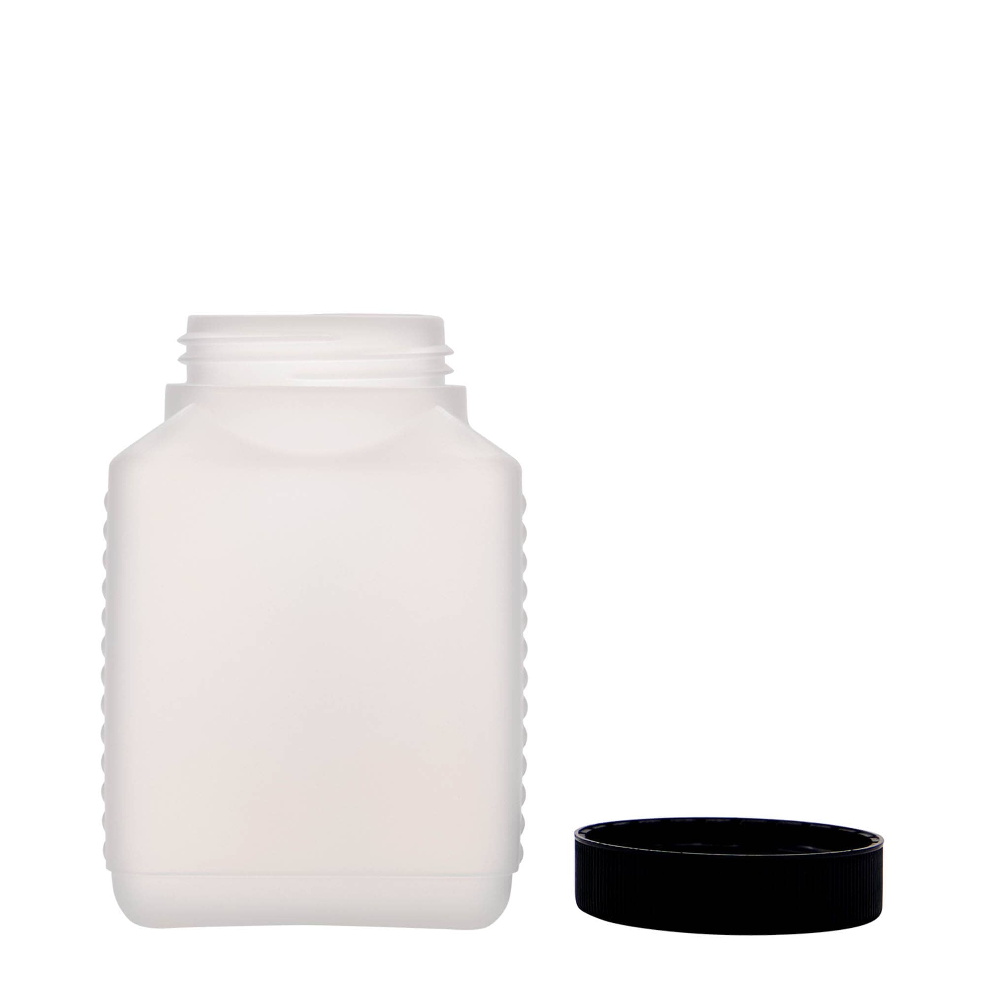500 ml bredhalsflaske, rektangulær, HDPE-plast, natur, åbning: DIN 60 EPE