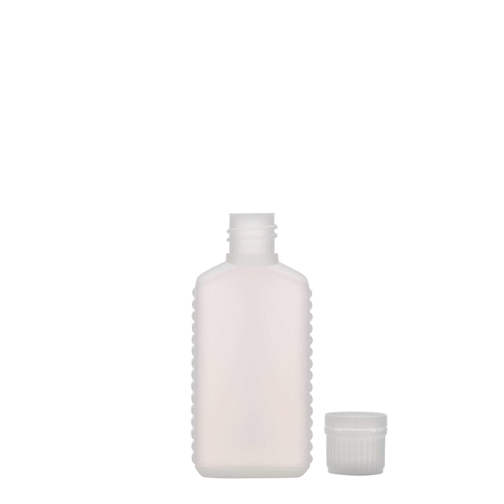 50 ml dunkflaske med smal hals, rektangulær, HDPE-plast, naturfarvet, åbning: DIN 18