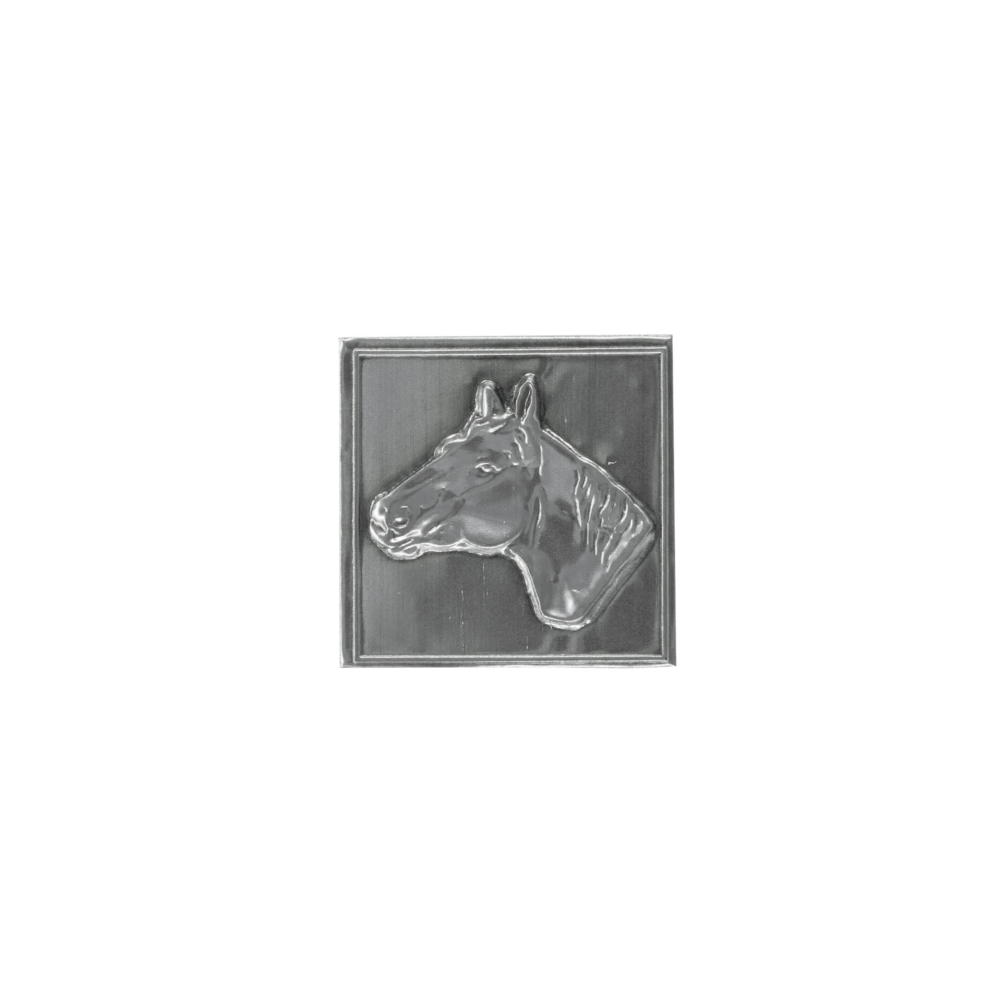 Tinlabel 'Pferd', kvadratisk, metal, sølv