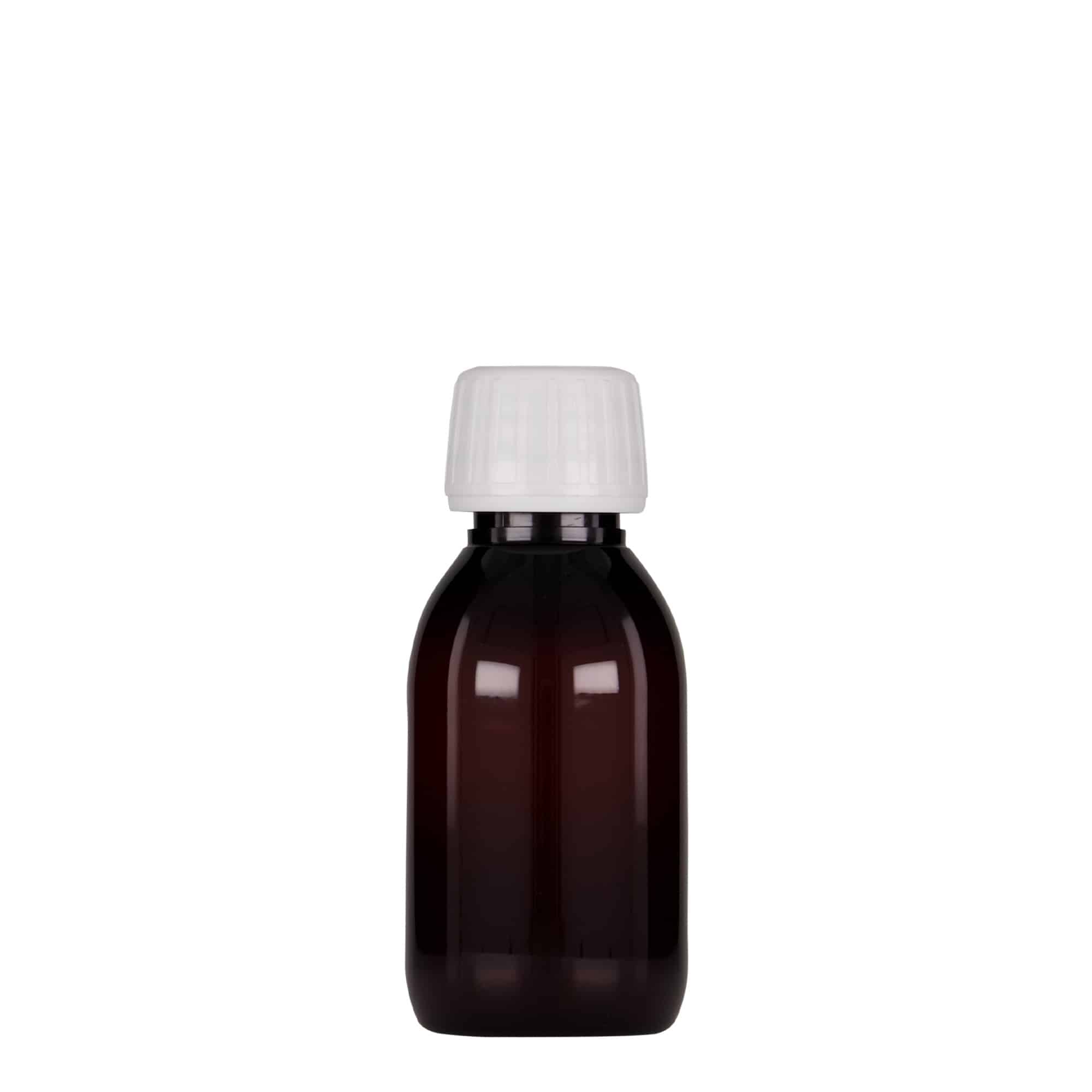 100 ml PET-medicinflaske, brun, plast, åbning: PP 28
