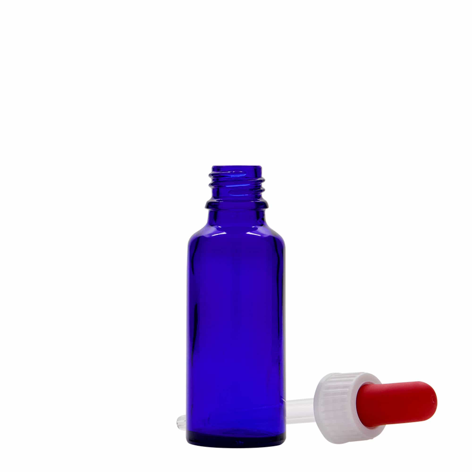 30 ml pipetteflaske medicin, glas, royalblå-rød, åbning: DIN 18 30 ml pipetteflaske medicin, glas, royalblå-rød, åbning: DIN 18
