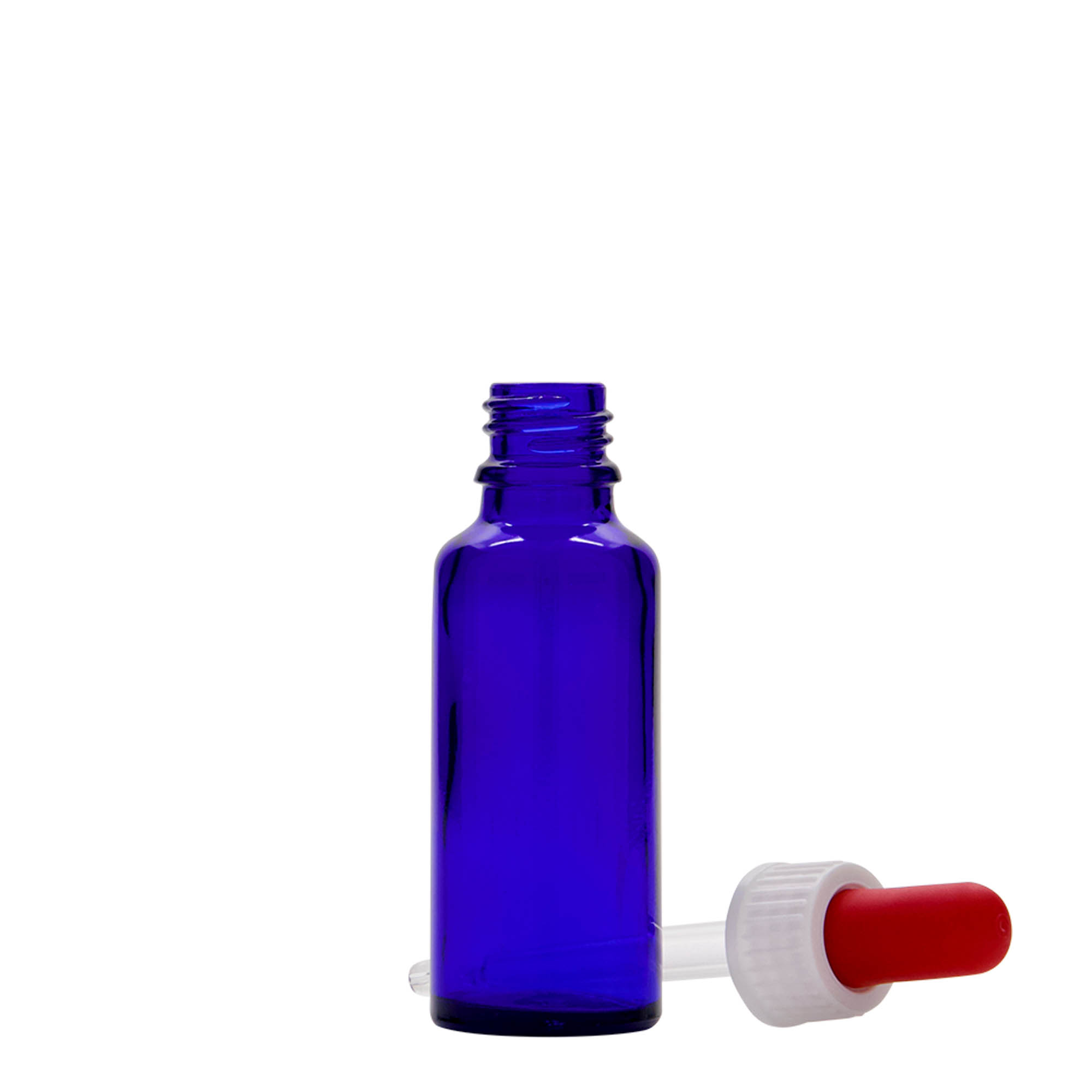 30 ml pipetteflaske medicin, glas, royalblå-rød, åbning: DIN 18 30 ml pipetteflaske medicin, glas, royalblå-rød, åbning: DIN 18