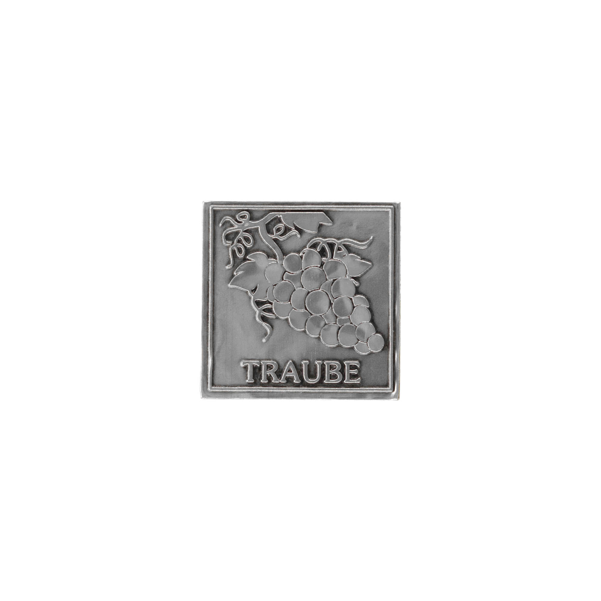 Tin etiket 'Druer', firkantet, metal, sølv Tin etiket 'Druer', firkantet, metal, sølv